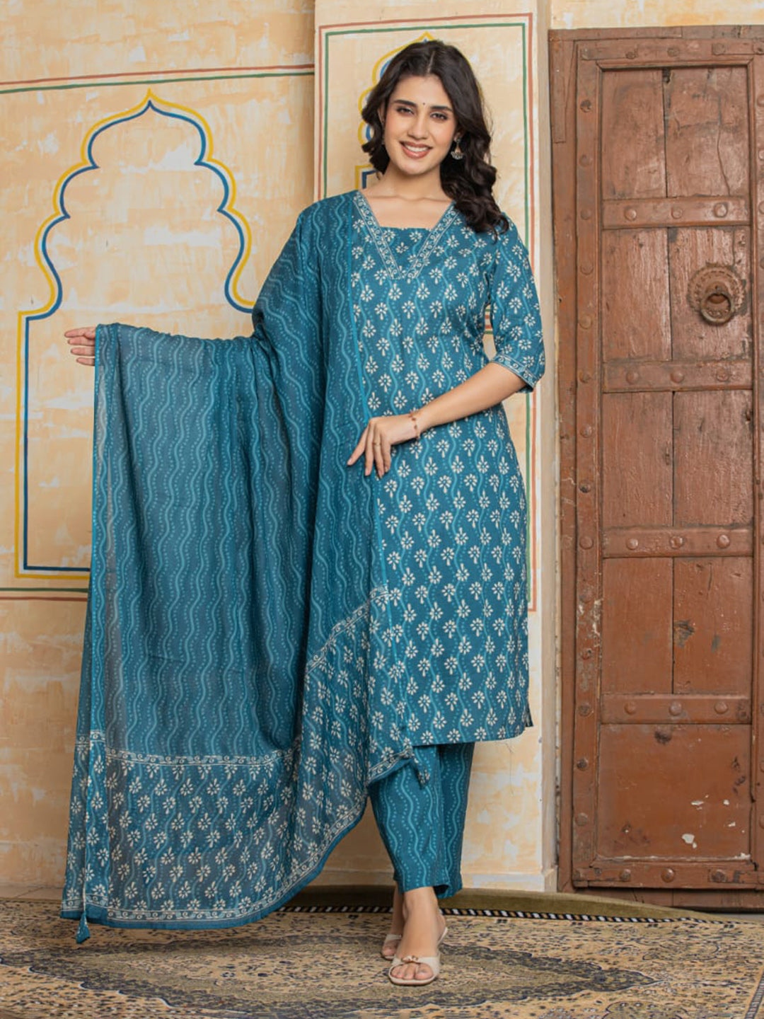 Light Blue Embroidered Cotton Blend Straight Suit Set With Dupatta