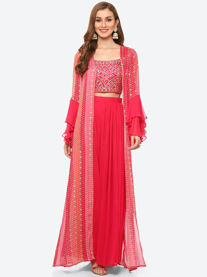 Zari Embroidered Booti Georgette Crop Top With Palazzo &amp; Jacket