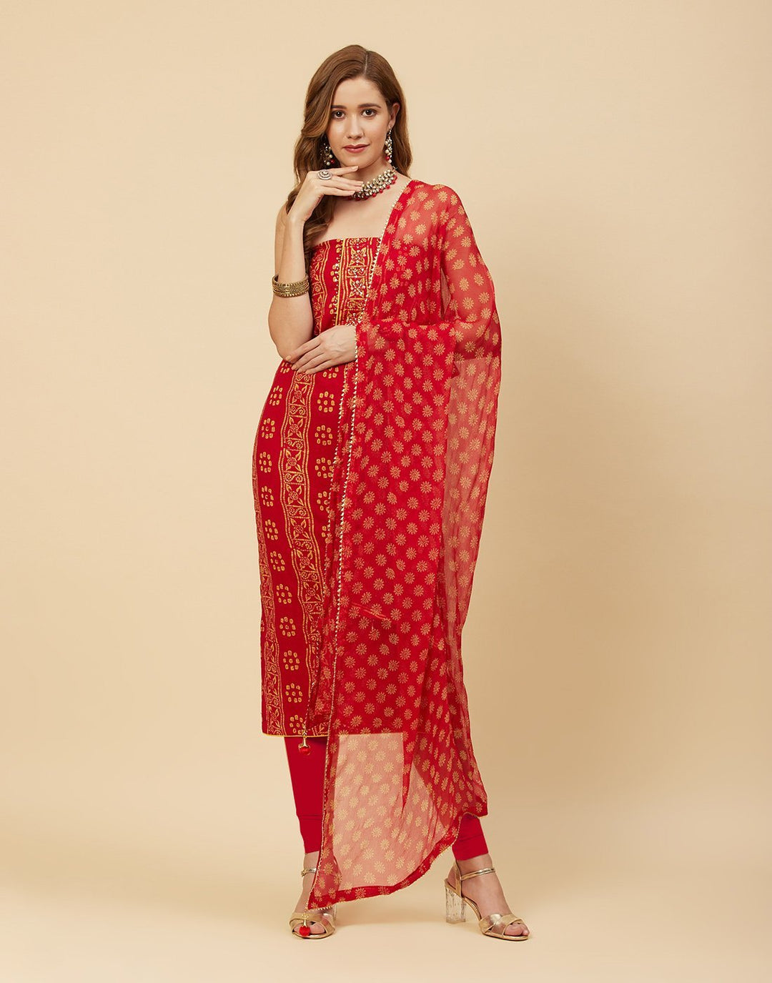 Embroidered Cotton Suit Piece With Chiffon Dupatta