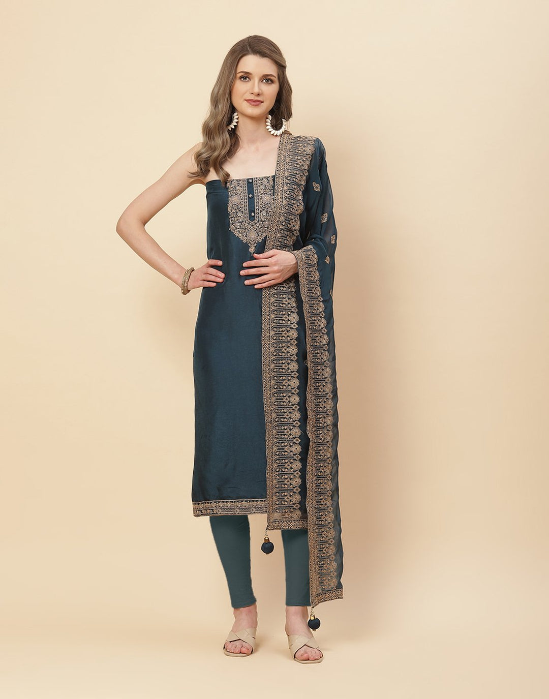 Embroidered Art Handloom Dupion Suit Piece with Chanderi Dupatta