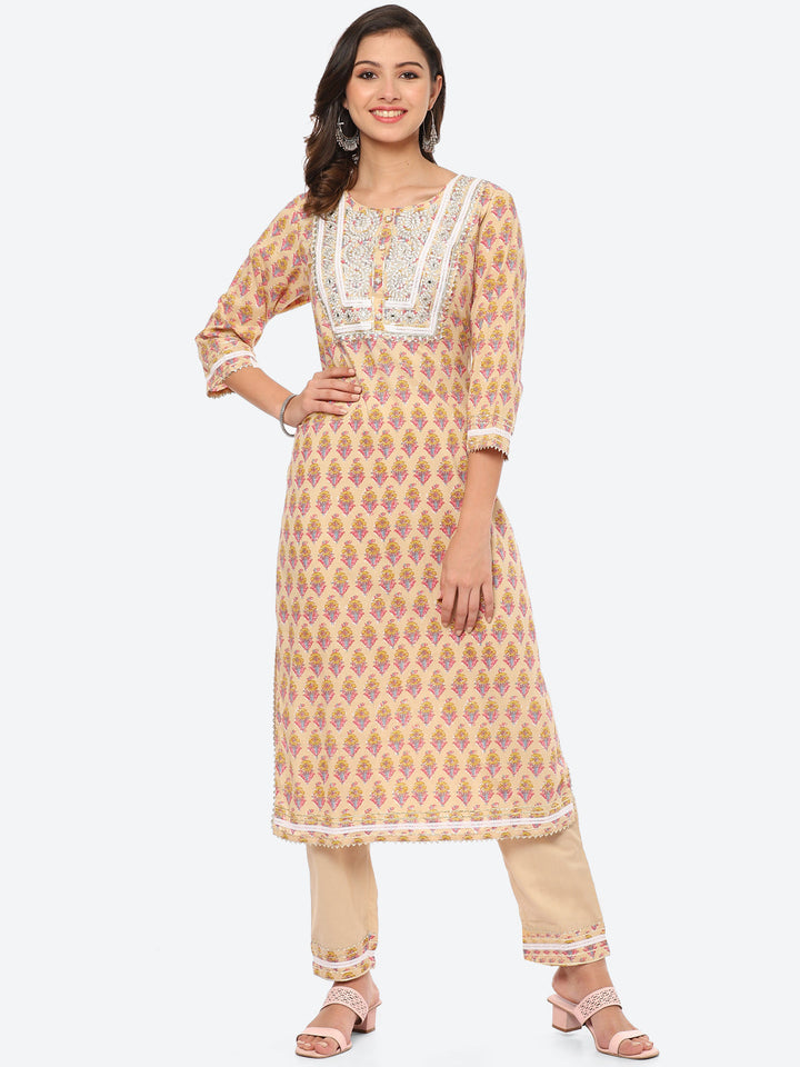 Zari Neck Embroidered Cotton Kurta With Palazzo