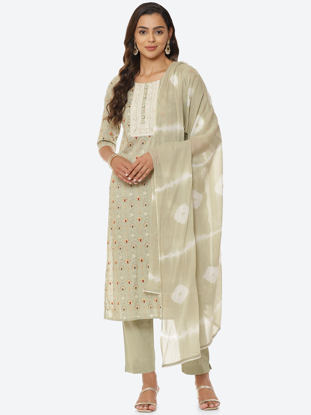 Floral Printed Cotton Kurta With Pant &amp; Cotton Dupatta