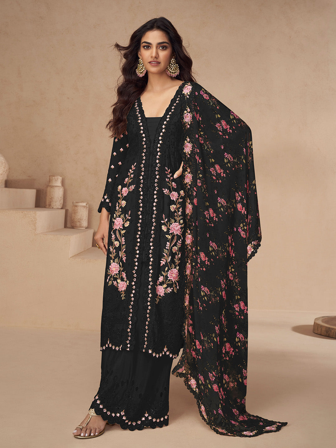 Embroidered Chinon Silk Kurta With Plazzo &amp; Dupatta