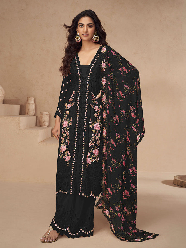Embroidered Chinon Silk Kurta With Plazzo &amp; Dupatta