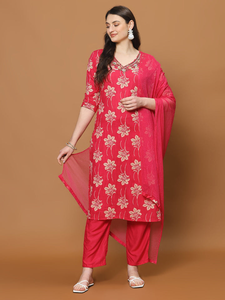 Printed Cotton Blend Kurta With Pants &amp; Dupatta