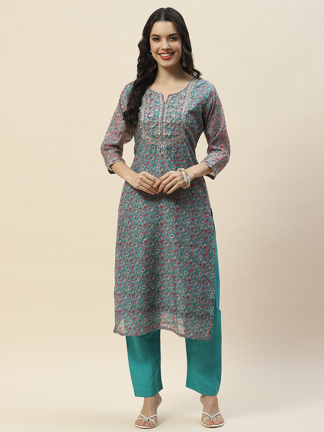 Printed Gota Work Chanderi Kurta With Pants