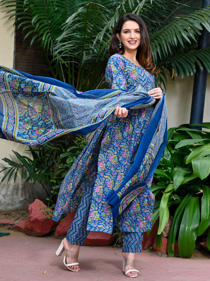 Floral Printed Cotton Kurta With Pants &amp; Dupatta