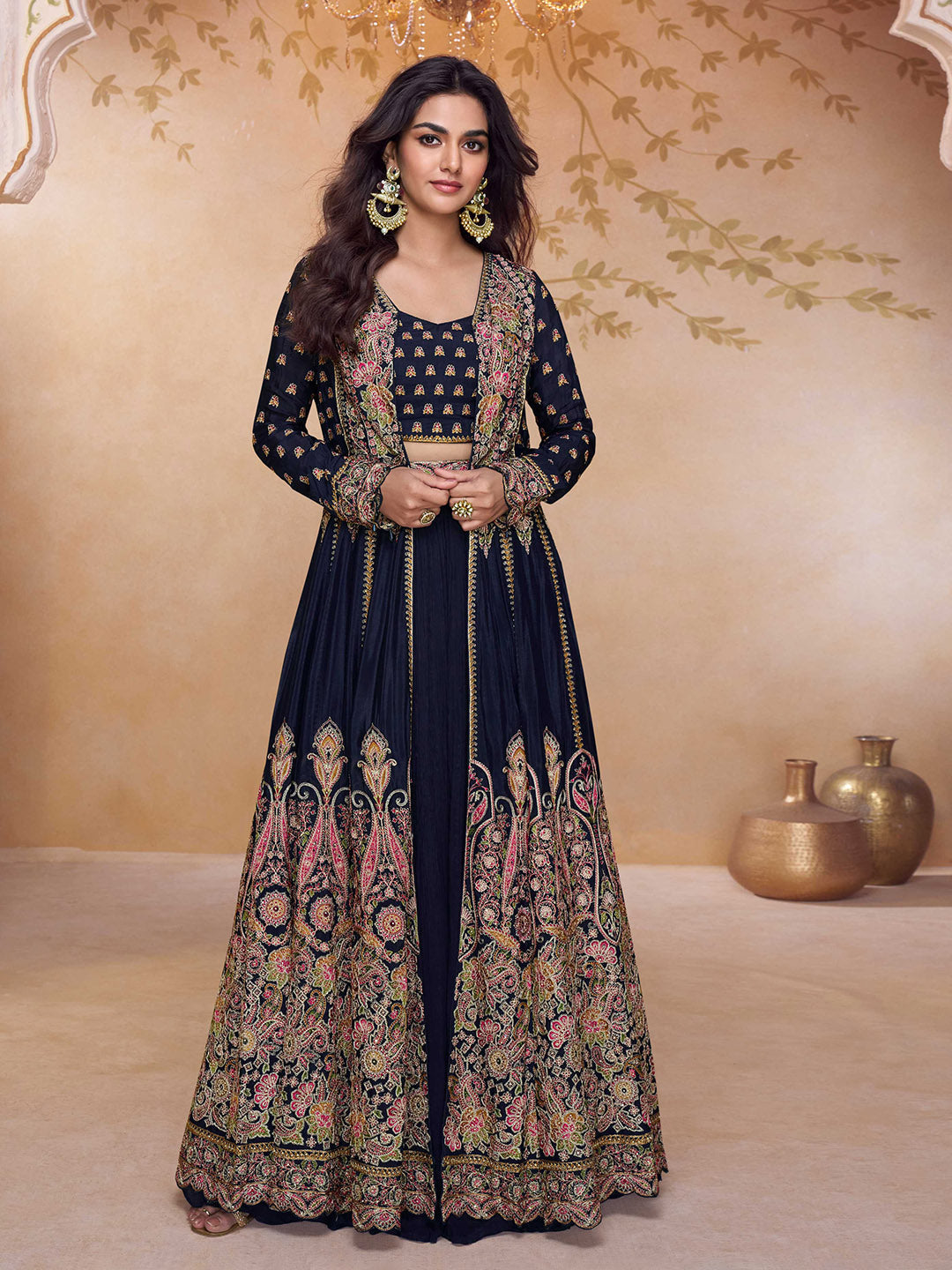 Embroidered Georgette Choli &amp; Skirt With Jacket