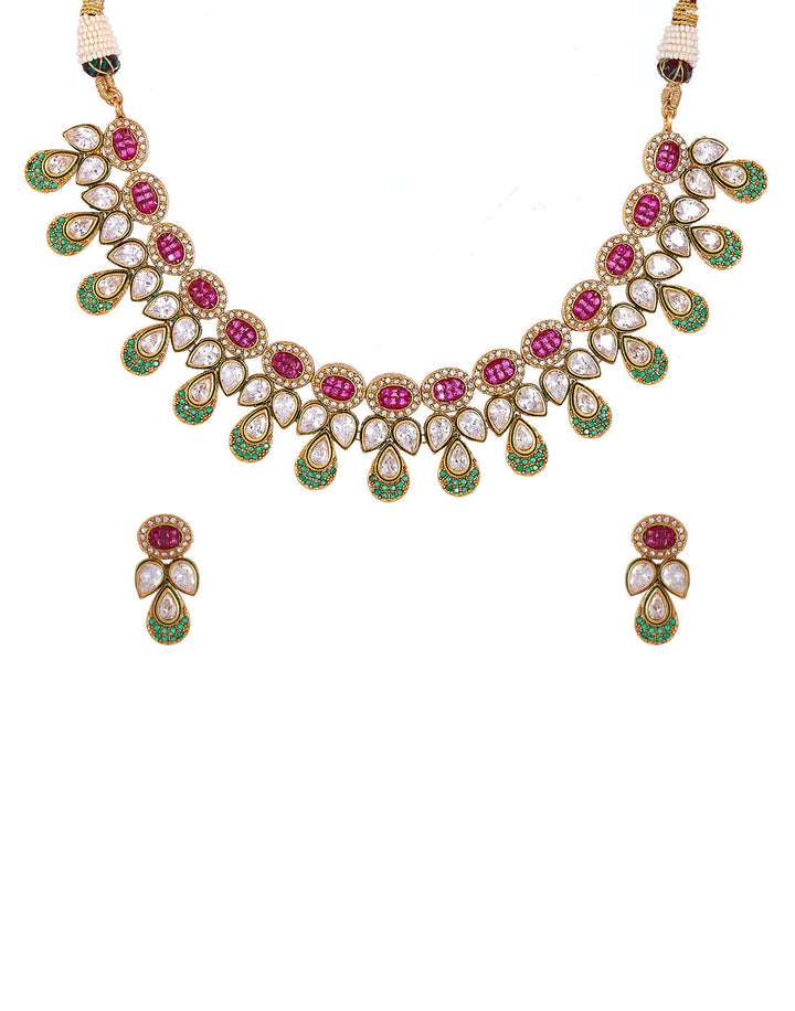 Gold Plated Colored Stone Necklace Set With Earrings