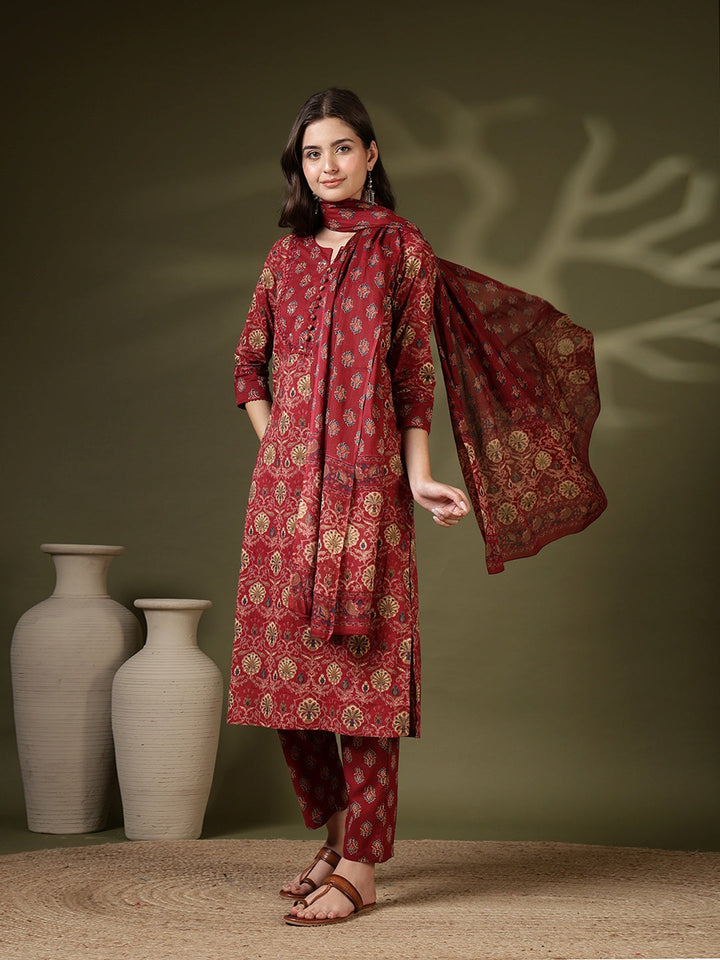 Printed Cotton Blend Kurta With Pant &amp; Dupatta
