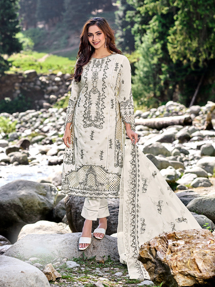 Embroidered Cotton Kurta With Pant &amp; Dupatta