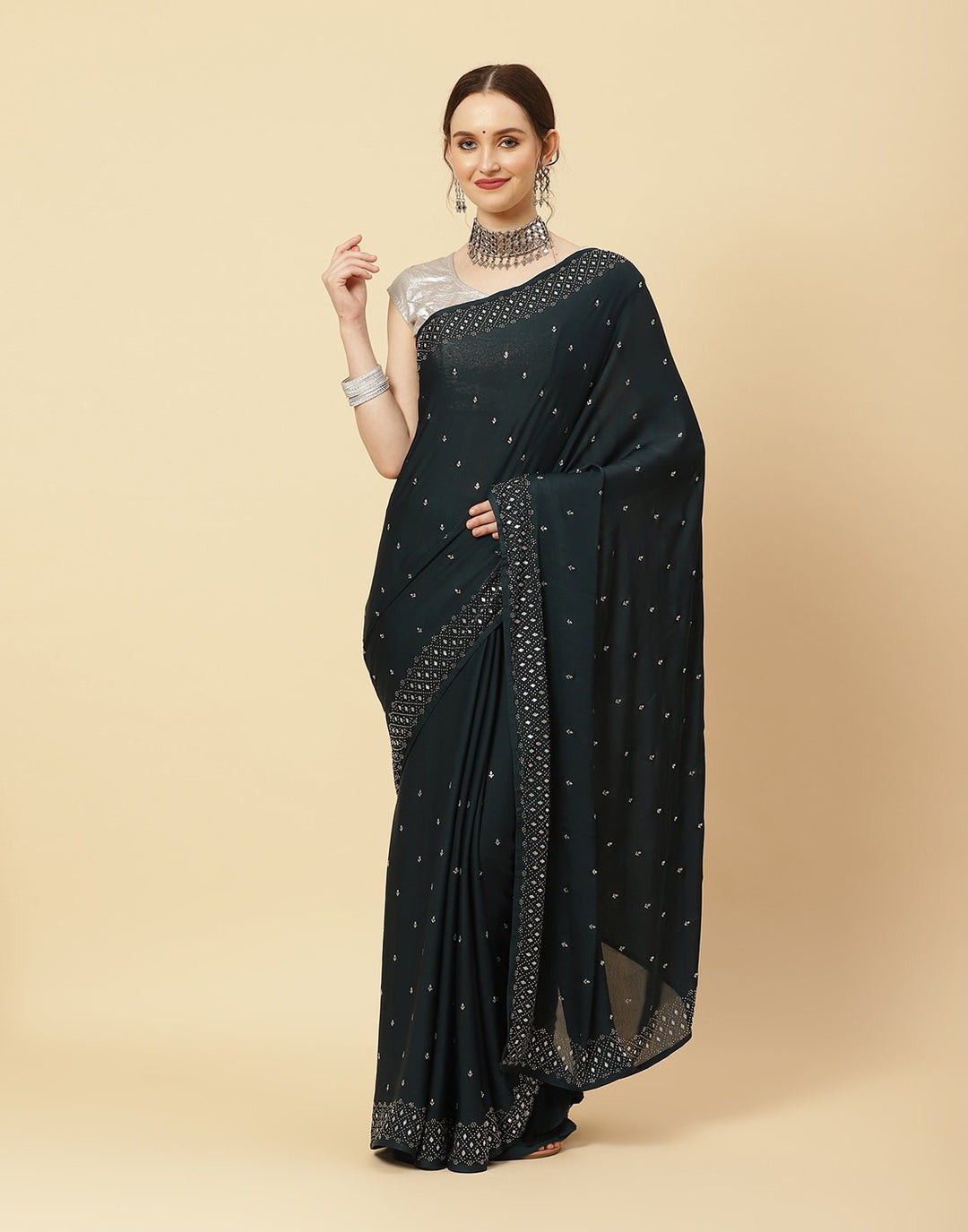 Embroidered Satin Saree With Stone Work