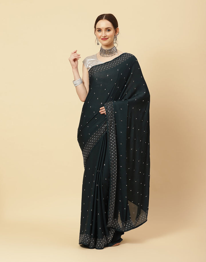 Embroidered Satin Saree With Stone Work