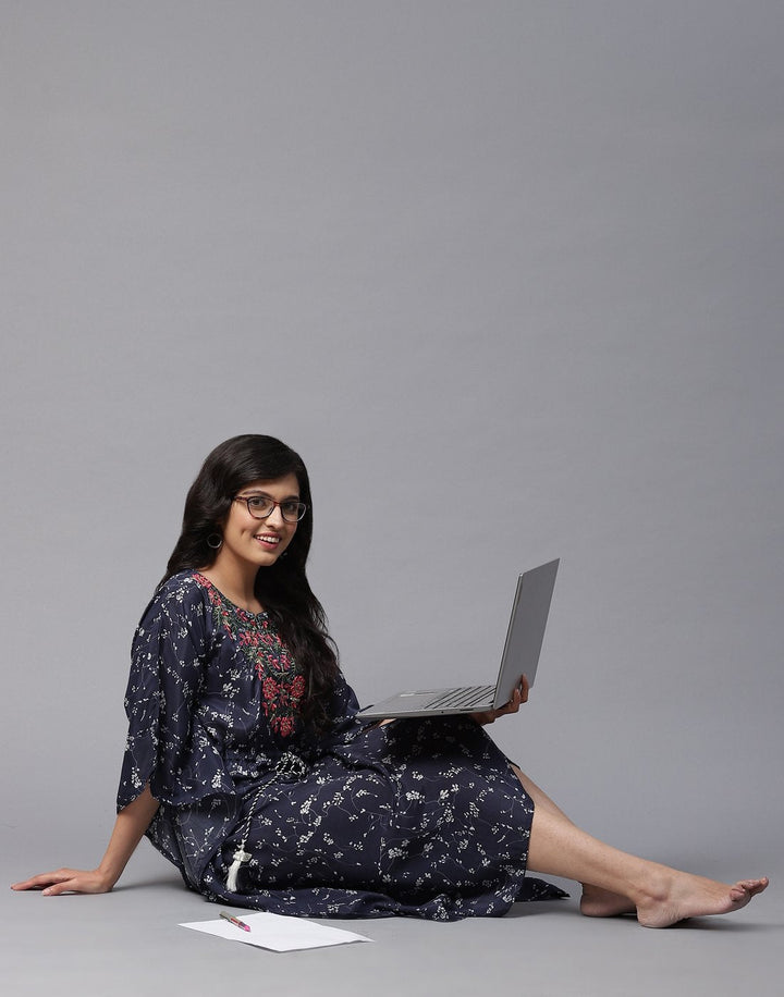 Printed Kaftan with Yoke Embroidery