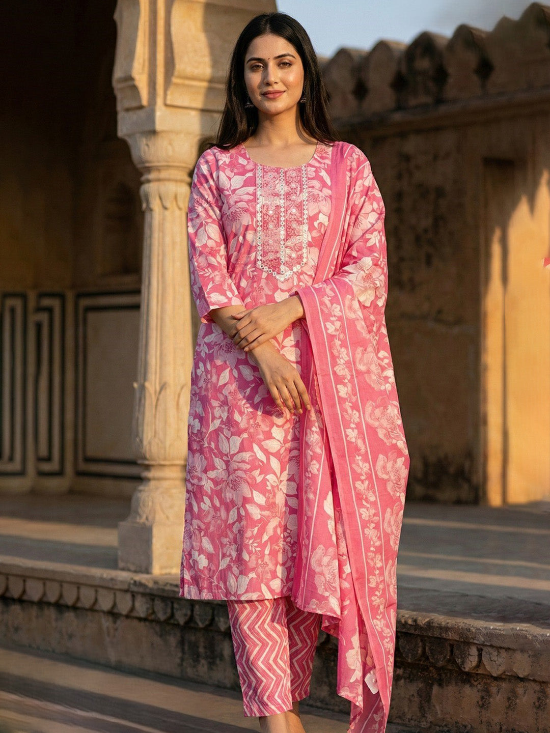 Printed Cotton Blend Kurta With Pant &amp; Dupatta