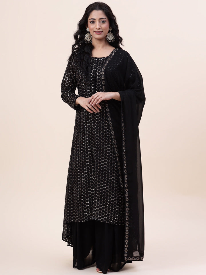 Sequin Embroidered Georgette Kurta With Palazzo &amp; Dupatta