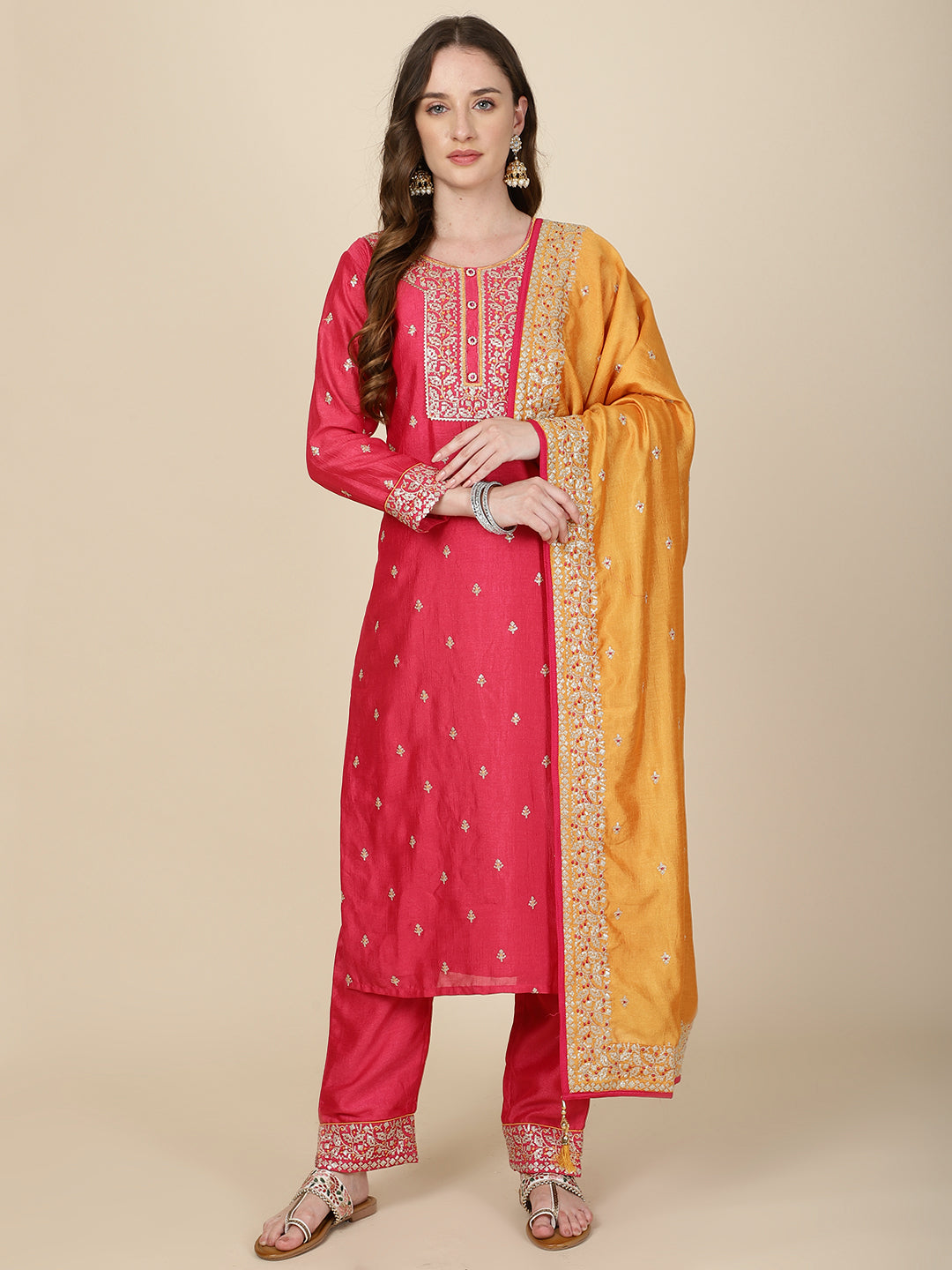 Sequin Work Handloom Kurta With Pants &amp; Dupatta
