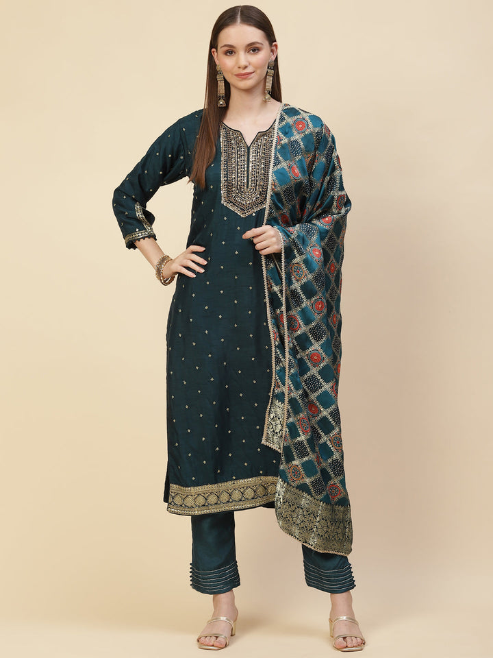 Zari Booti Handloom Kurta With Pants &amp; Dupatta