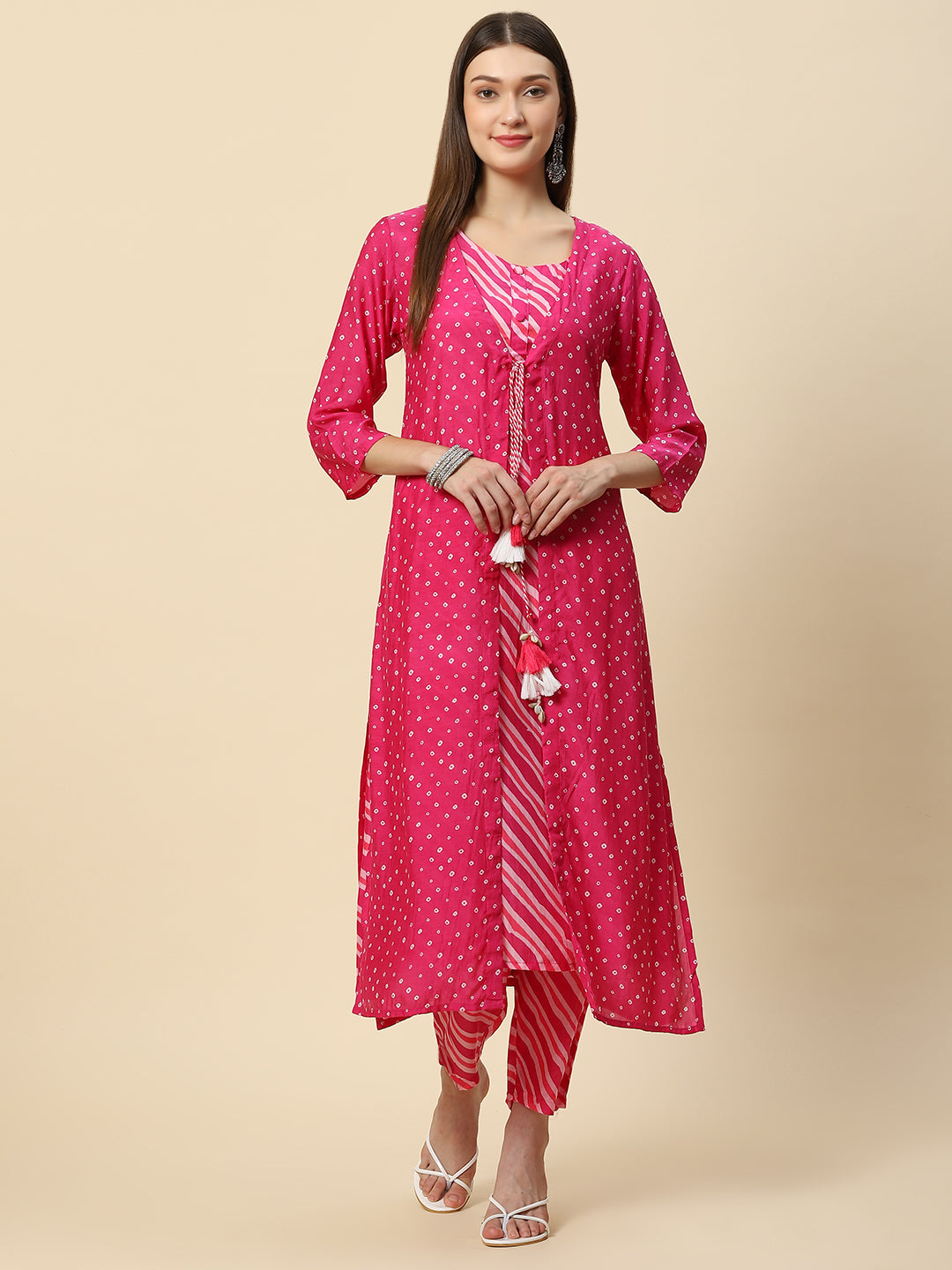 Leheriya Printed Muslin Kurta With Pants &amp; Jacket