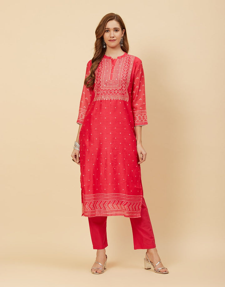 Embroidered Chanderi Kurti With Pant