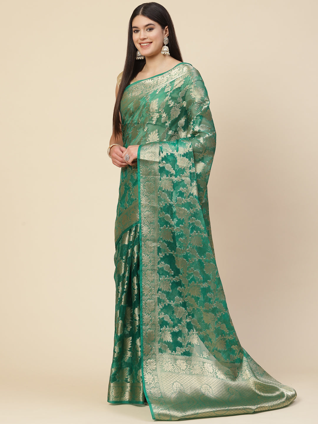 Floral Zari Jaal Organza Woven Saree