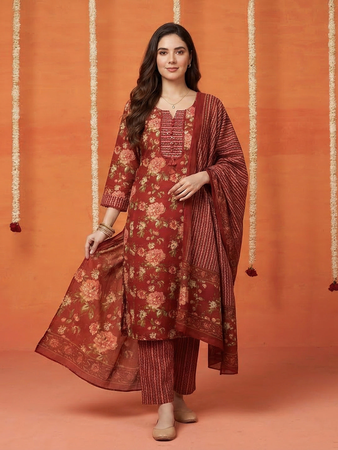 Printed Cotton Blend Kurta With Pant &amp; Dupatta