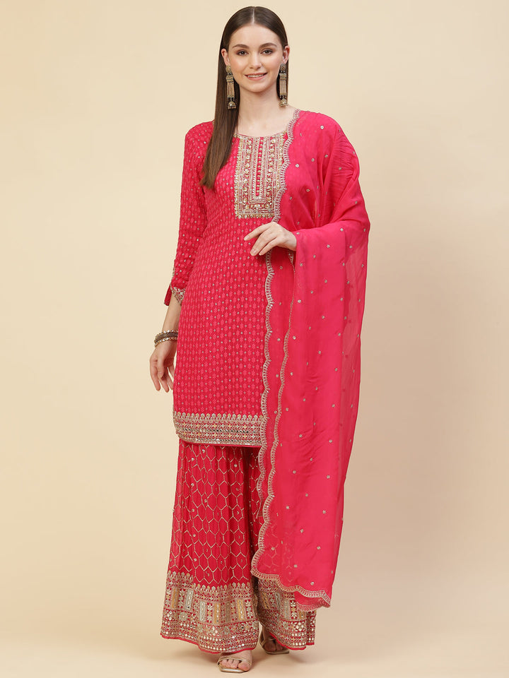 Sequin Embroidered Georgette Kurta With Sharara &amp; Dupatta