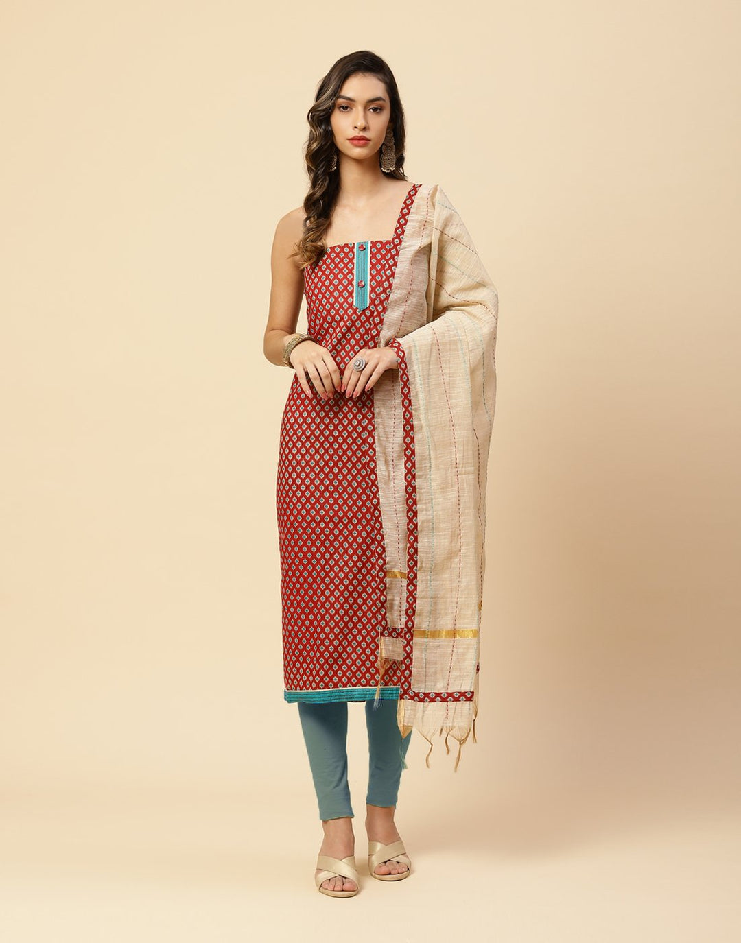 Printed Cotton Suit Piece With Kantha Work