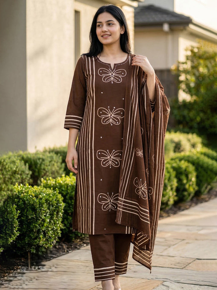 Brown Printed Cotton Blend Straight Suit Set With Dupatta