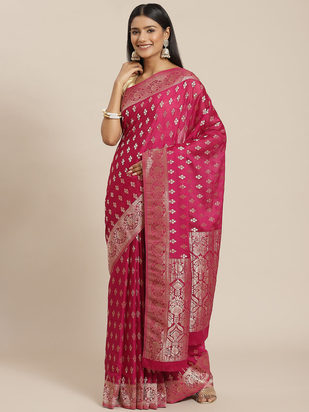 Zari Border Booti Crepe Woven Saree
