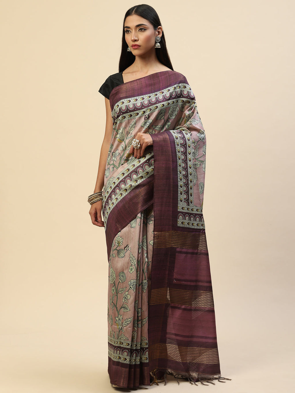 Digital Floral Zari Border Tussar Saree