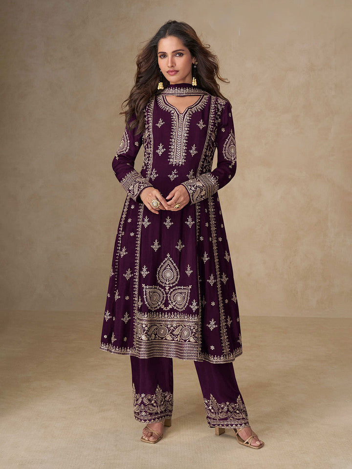 Embroidered Chinon Kurta With Pant &amp; Dupatta