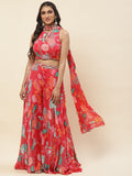 Floral Printed Crepe Crop Top With Palazzo & Dupatta