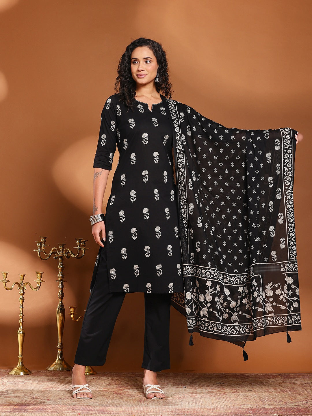 Black Cotton Blend Printed A Line Suit Set