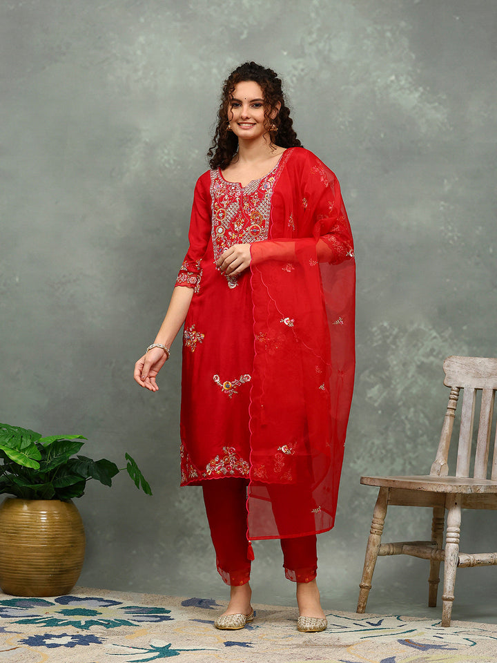 Resham Work Art Silk Kurta With Pants &amp; Dupatta