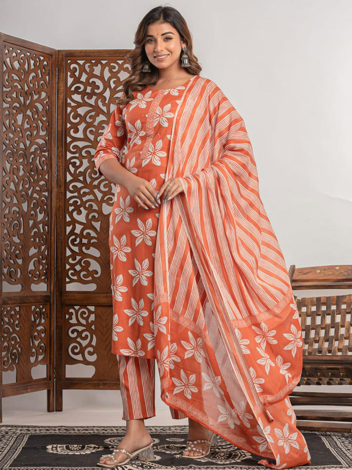Brick Cotton Blend Printed Straight Suit Set