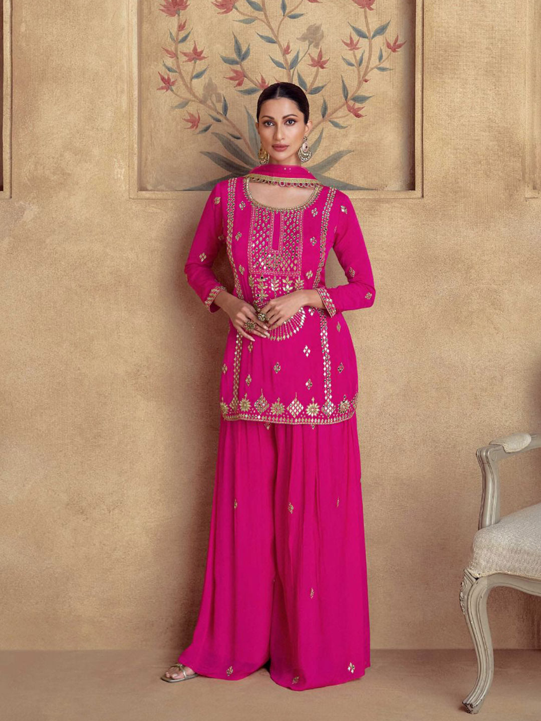 Embroidered Chinon Silk Kurti With Plazzo &amp; Dupatta