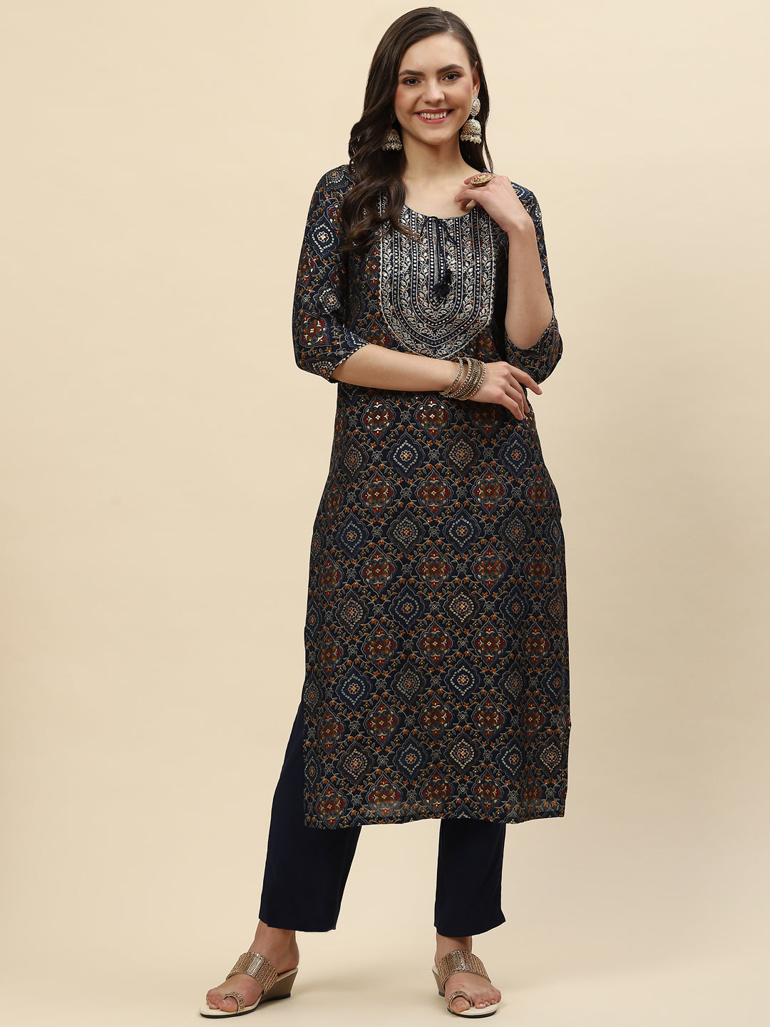Zari Neck Embroidered &amp; Printed Muslin Kurta With Pants