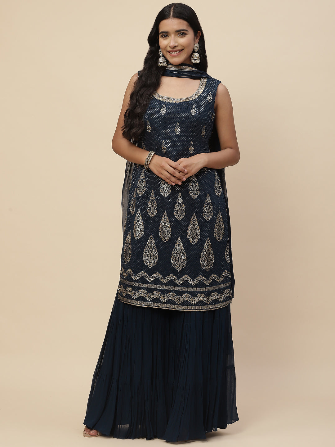 Sequin Embroidered Georgette Kurta With Sharara &amp; Dupatta