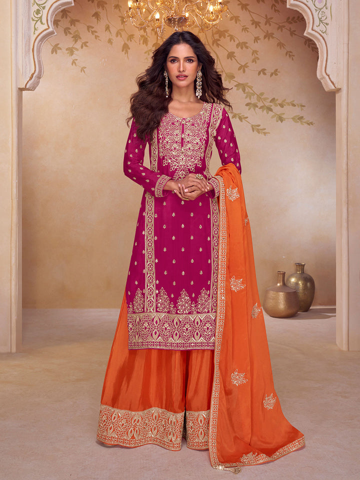 Embroidered Chinon Kurta With Plazzo &amp; Dupatta