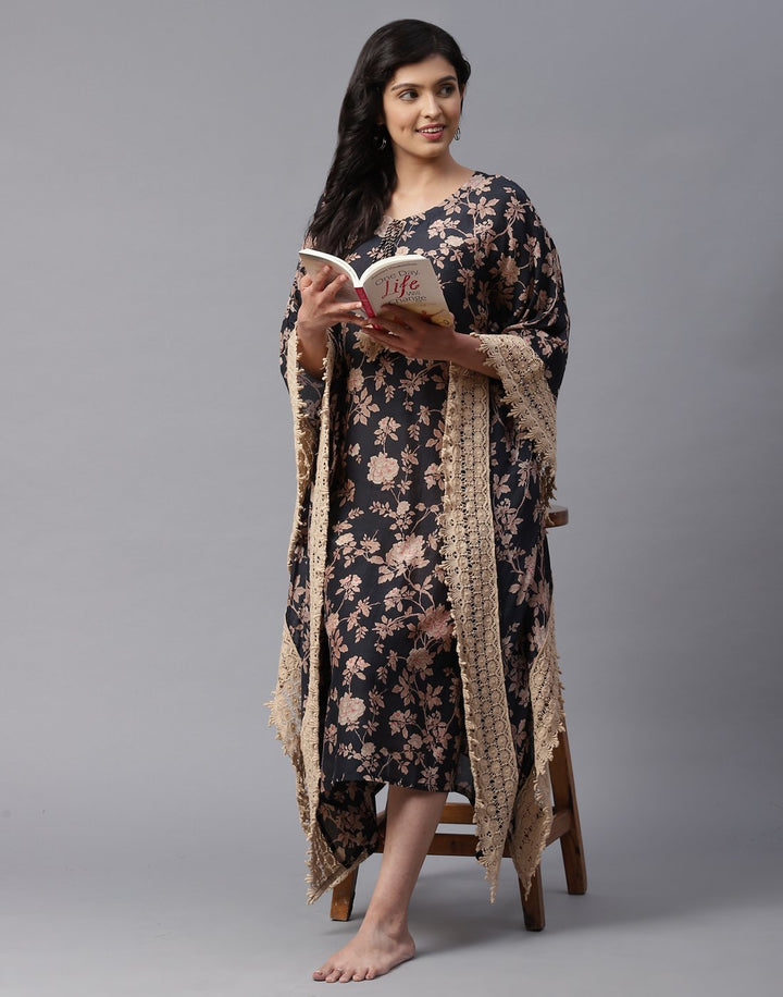 Cotton Printed Kaftan with Lace Detail