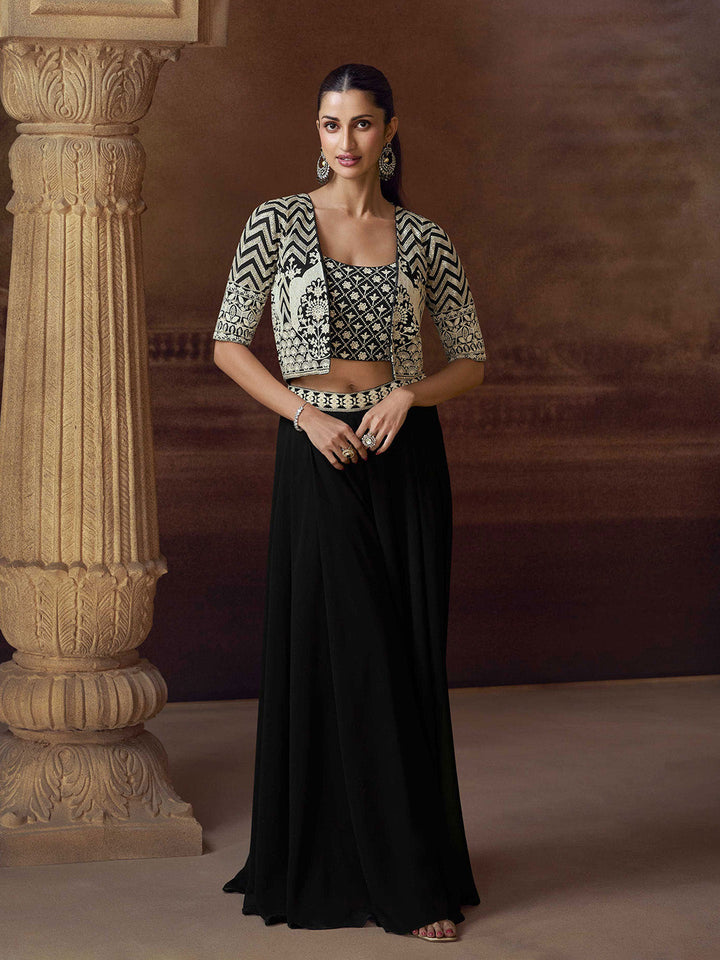 Embroidered Chinon Choli &amp; Skirt With Jacket
