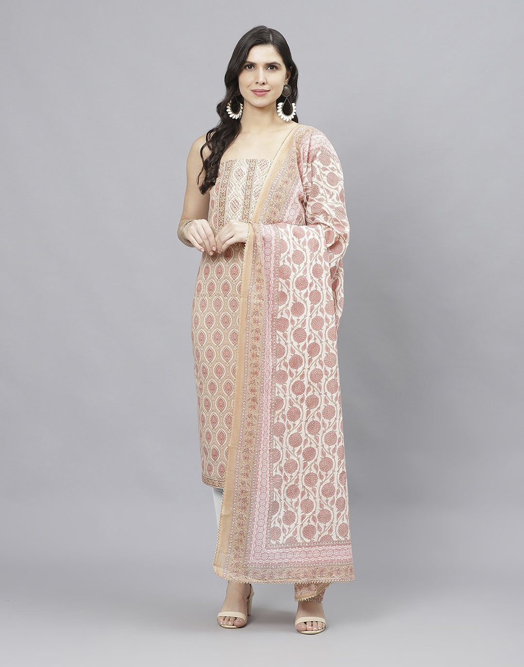 Embroidered Cotton Suit Piece With Printed Cotton Dupatta