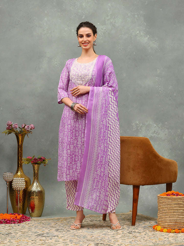 Printed Cotton Blend Kurta With Pants &amp; Dupatta
