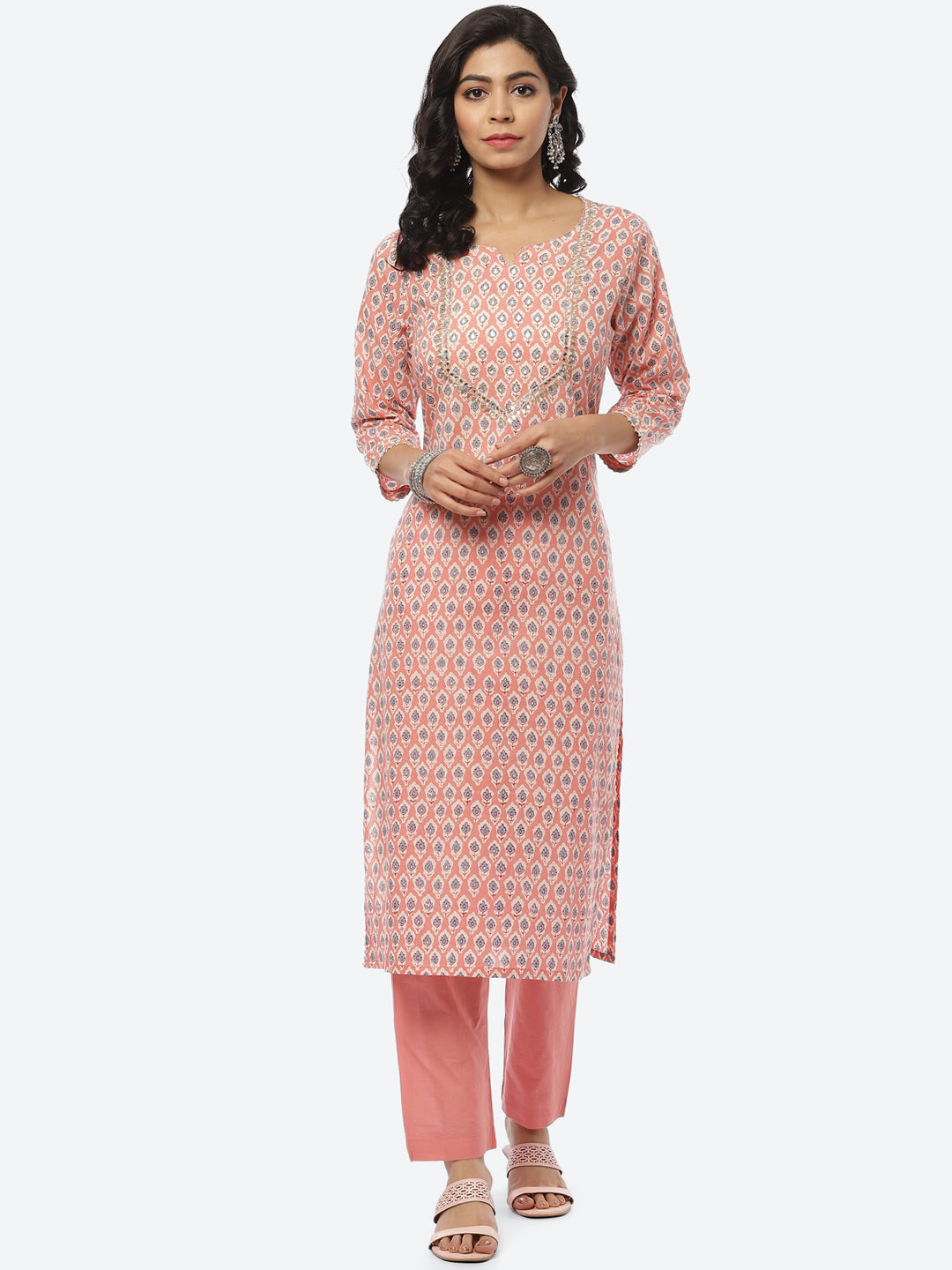 Printed Gota Neck Cotton Kurti With Pant