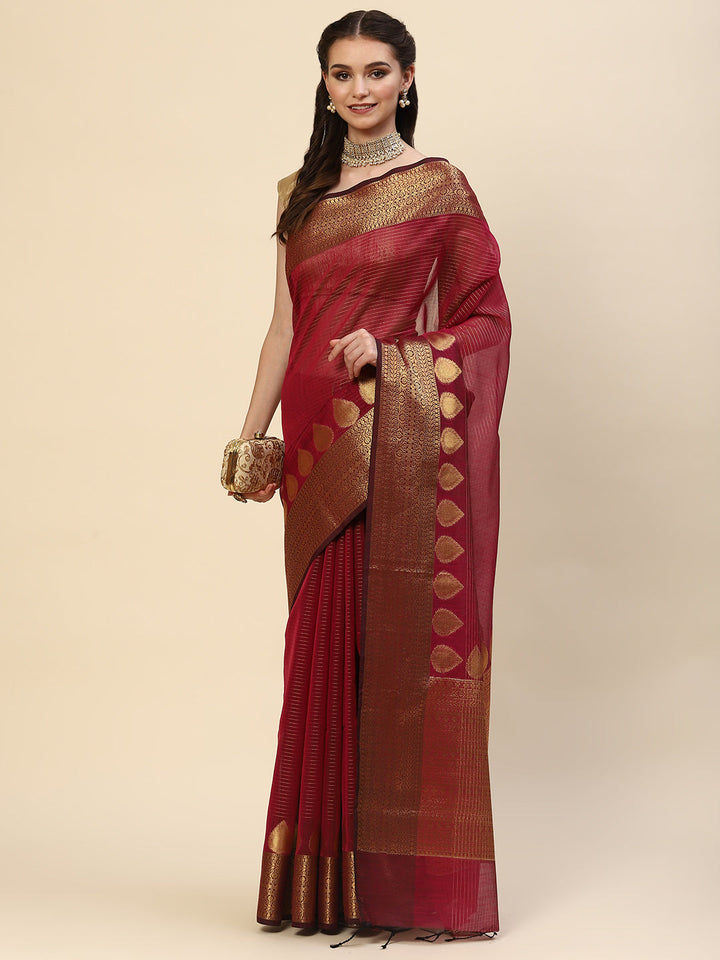 Stripes Zari Jaal Cotton Woven Saree