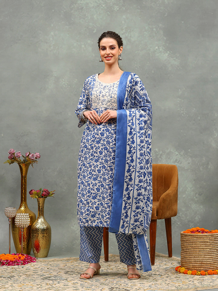 Printed Cotton Blend Kurta With Pants &amp; Dupatta