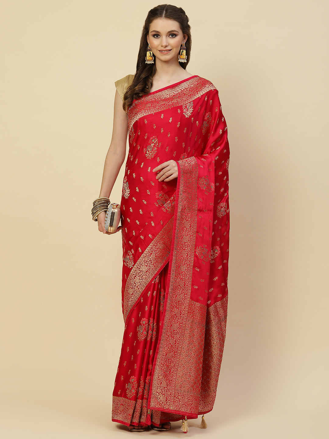 Zari Border Booti Satin Woven Saree