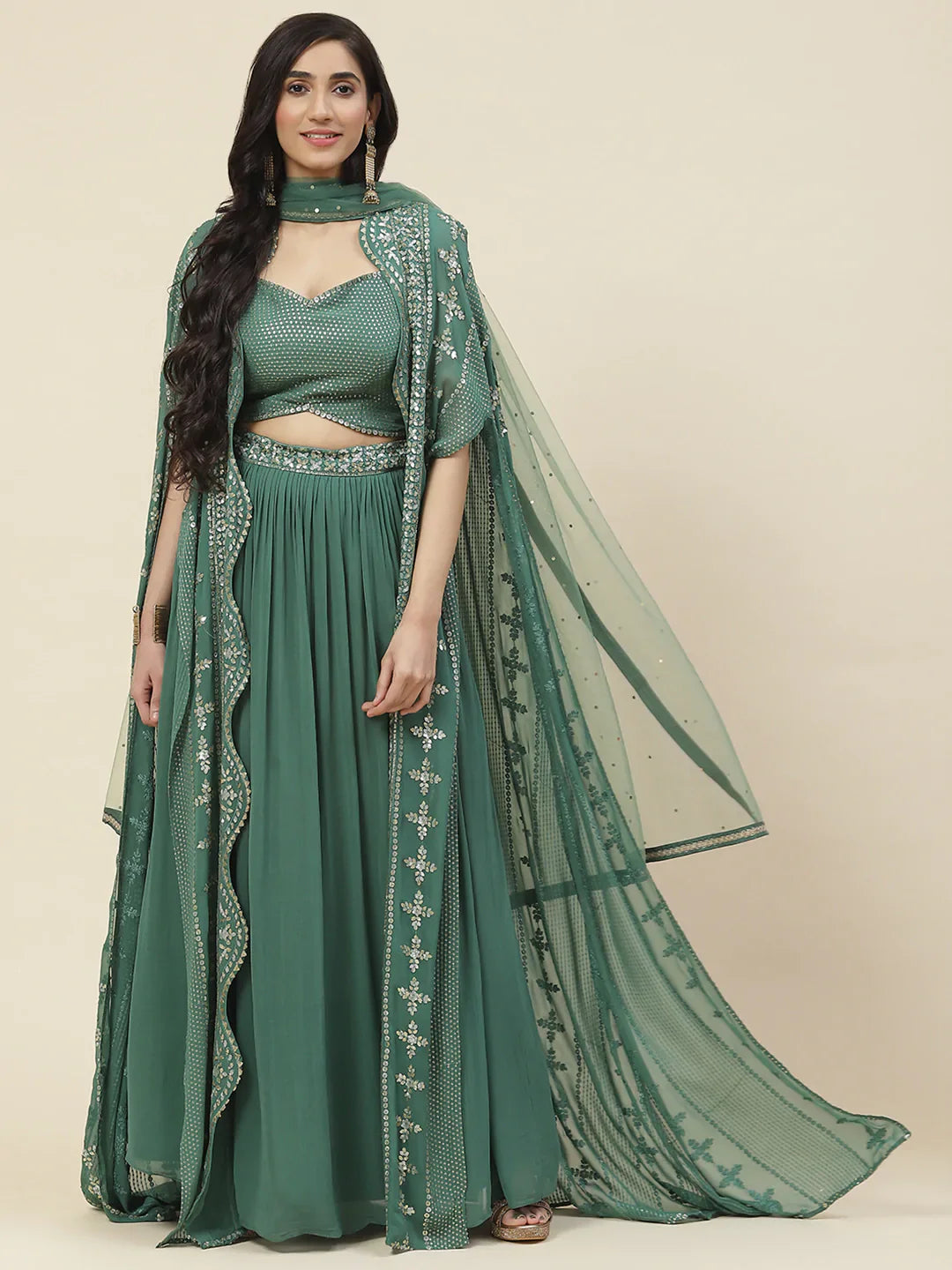 Sequin Embroidered Georgette Lehenga Choli With Dupatta &amp; Jacket