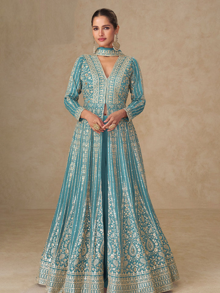 Embroidered Chinnon Silk A Line Dress With Skirt